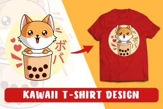 create t shirt design animal food illustration in cute kawaii style