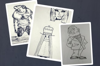 do hand drawn pencil sketch of object people and cartoon characters