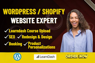 wordpress learndash tutor lms,redesign shopify printful squarespace, customily