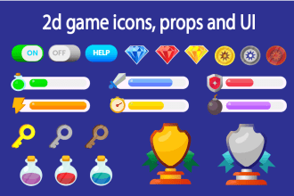 create 2d game icons, props , flat vector illustrations