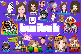 do perfect custom twitch emotes, sub badges, discord  animated emote, kick emoji