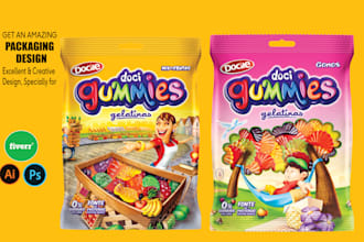 chips bag, candy wrappers, chili labels , gummy, coffee, jelly label design