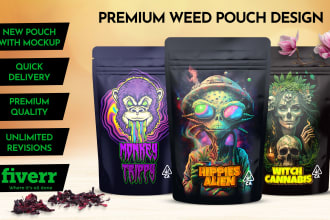 do stand up weed pouch, mylar bag, label and packaging design
