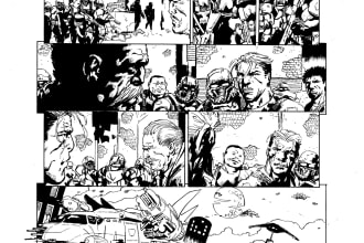 draw a super detailed black and white comic book page