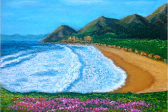 draw a scenery illustration with traditional materials