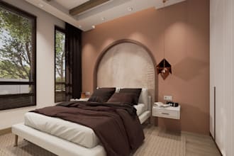 design a stylish and cozy bedroom with 5 realistic visuals and floor plan