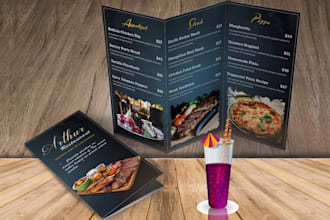 design table menu, price table, comparison chart, table tent, trifold card etc