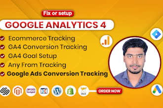 set up google analytics 4, ga4 ecommerce tracking and conversion tracking GTM