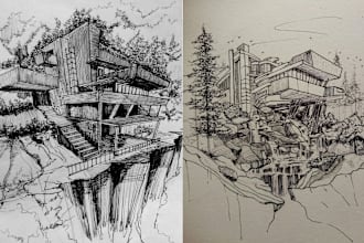 draw architectural building sketch and landscape drawings by hand