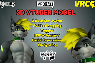 create 3d furry vtuber model, custom vrchat avatar, for vseeface, pc and quest