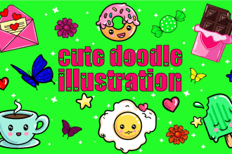 draw  cute kawaii character, animal, food doodle stickers
