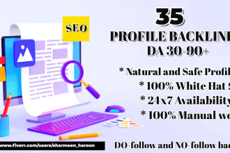 create 35 profile backlinks SEO da 30 plus high authority
