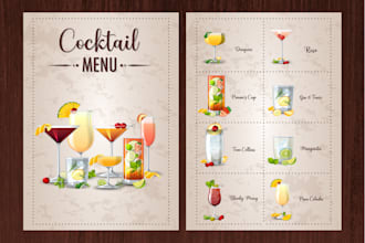 design cocktail, bar, drinks menu and card