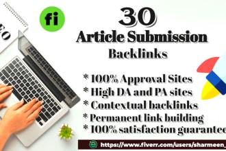 provide 30 article submission backlinks high da 20 to 99