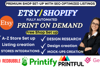 set up etsy, shopify print on demand pod store with printify printful gelato