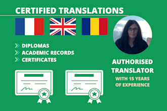 provide a certified academic translation between english, french or romanian