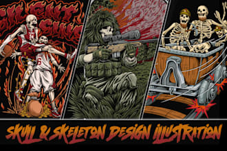 draw illustration skull and skeleton for logo, merchandise