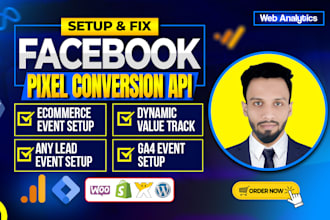 setup facebook pixel conversion api, fix meta pixel, ga4 ecommerce tracking