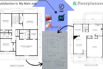 redraw hand sketch to architectural 2d 3d floor plan blueprint in autocad dwg