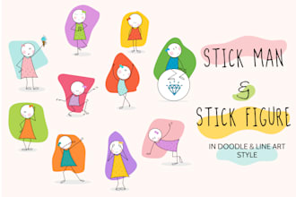 illustrate stick man, stick figure, in doodle art and line art style