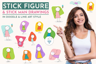 draw stick figures, pictogram or stickman in doodle art and line art style
