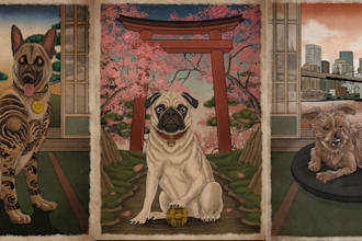 draw pet illustration in japanese ukiyoe style
