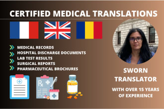 provide a certified medical translation between english, french or romanian