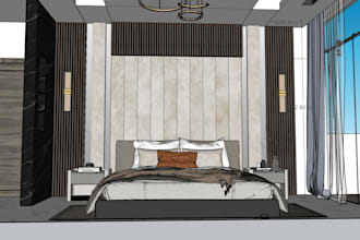 create 3d model of the room with furniture, wall decoration, lighting and decor