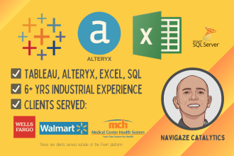 assist with alteryx, tableau, excel, sql or tableau prep