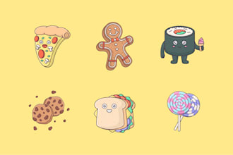 draw line art cartoon characters, objects, food illustration