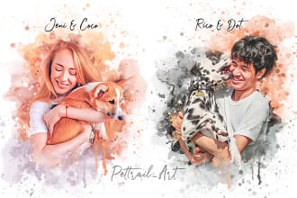 draw aesthetic watercolor pet portrait dog, cat, family, etc