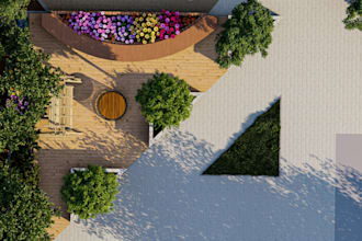 design home landscape backyard, pool, 3d realistic rendering