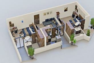 render a detail 3d realistic sectional plan
