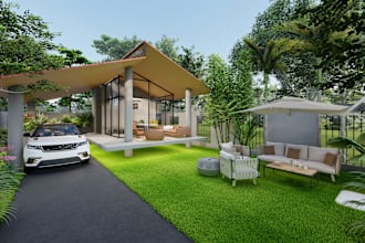 design backyard, pool, and garden with realistic 3d render