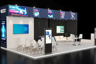 do realistic 3d modeling rendering of exhibition stand