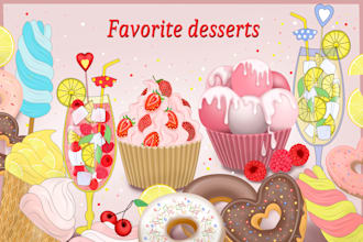 draw a picture of different delicious desserts