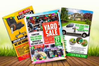 design yard sale, hiring, lawn care, lawn mowing, charity flyers