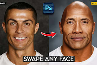 realistic face swap, head change and photo retouch