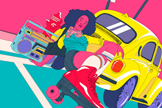 draw retro psychedelic illustration, album cover, poster,etc
