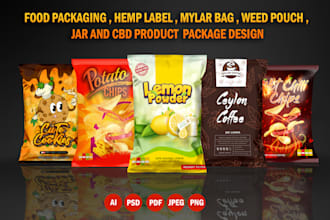 design food packaging, weed pouch, mylar bag, and jar label designs