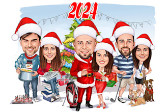draw christmas caricatures, winter holidays cartoons