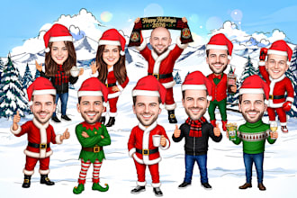 draw custom christmas caricatures for winter holiday cards