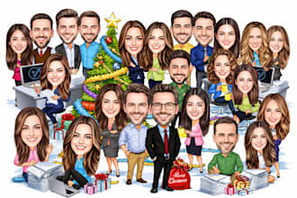 create a corporate group caricature with a holiday theme