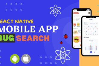 search, fix bugs in react, react native, expo, android, ios mobile app