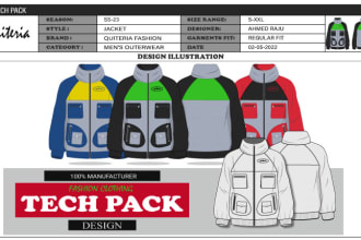 create clothing technical flat sketch and tech pack design