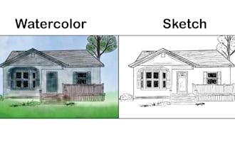 draw line art, sketch or watercolor illustration for building