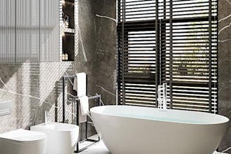 design bathroom interior with 3d realistic render , modeling