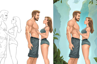 sketch, line art and color cartoon illustration