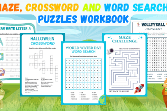 design maze, crossword and word search puzzles workbook