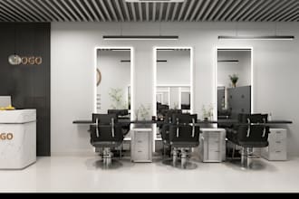 barber shop 3d rendering with quality furniture layouts